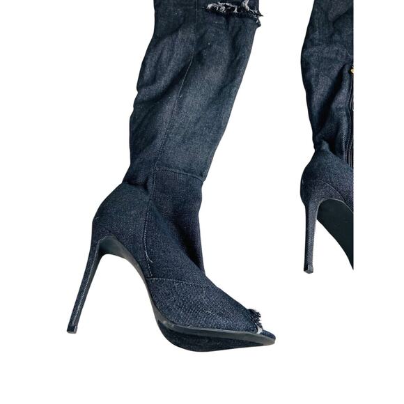 Liliana Barbara Thigh High Over Knee Denim Open Toe Stiletto Heel Boot Black 7.5 - Picture 9 of 12